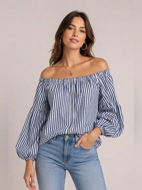 Michael Kors Blue White Striped Off Shoulder Peasant Blouse Balloon Sleeve Top L